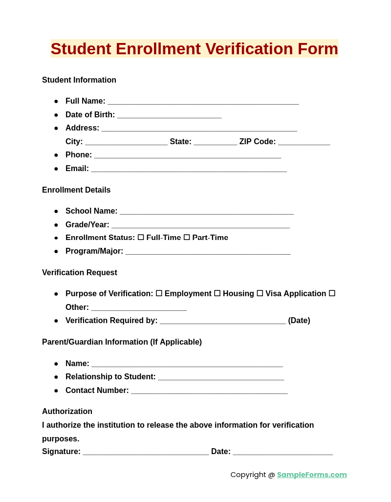 student enrollment verification form