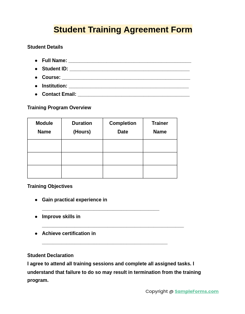 student training agreement form 