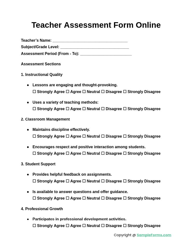 teacher assessment form online