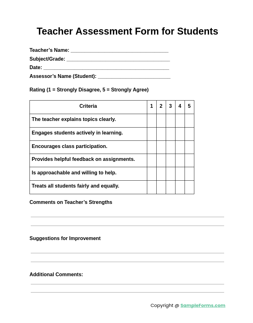 teacher assessment form for students