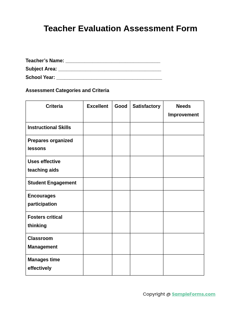 teacher evaluation assessment form