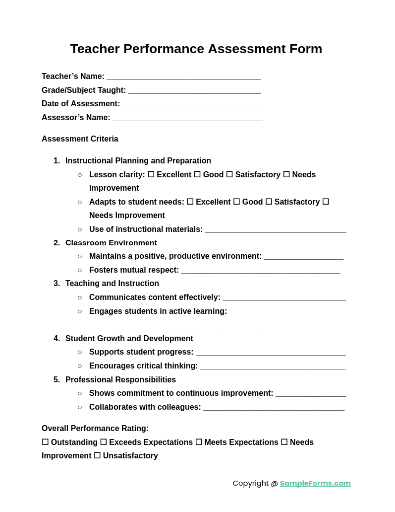 teacher performance assessment form