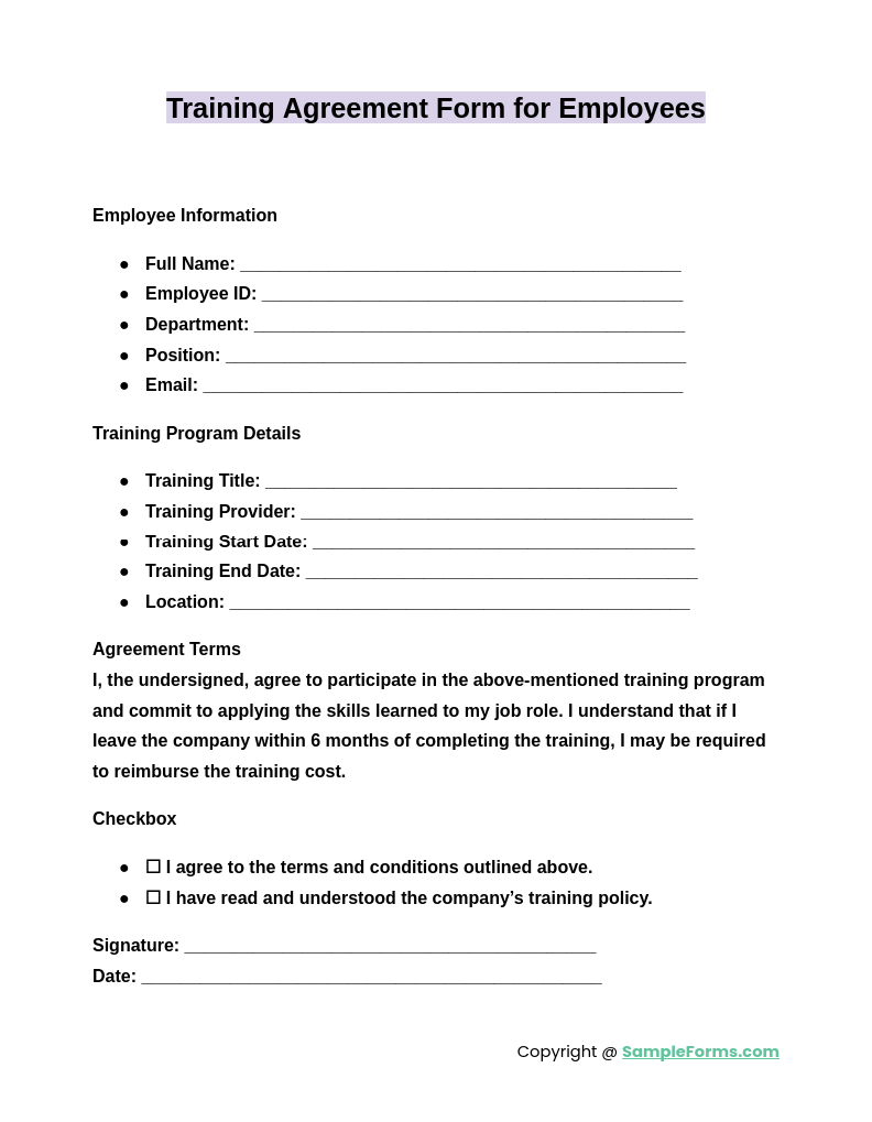 training agreement form for employees