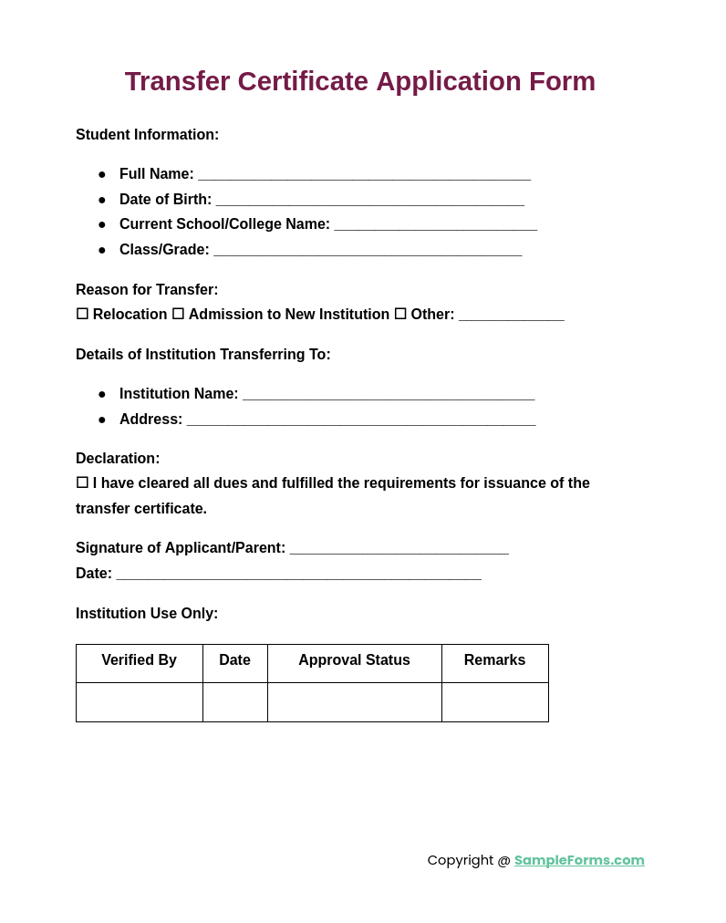 transfer certificate application form