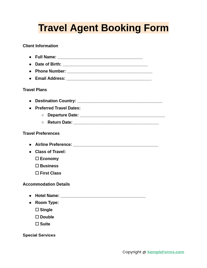 travel agent booking form