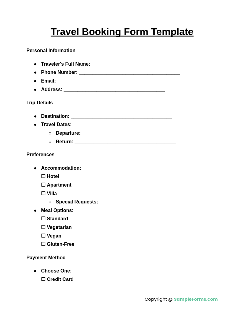 travel booking form template