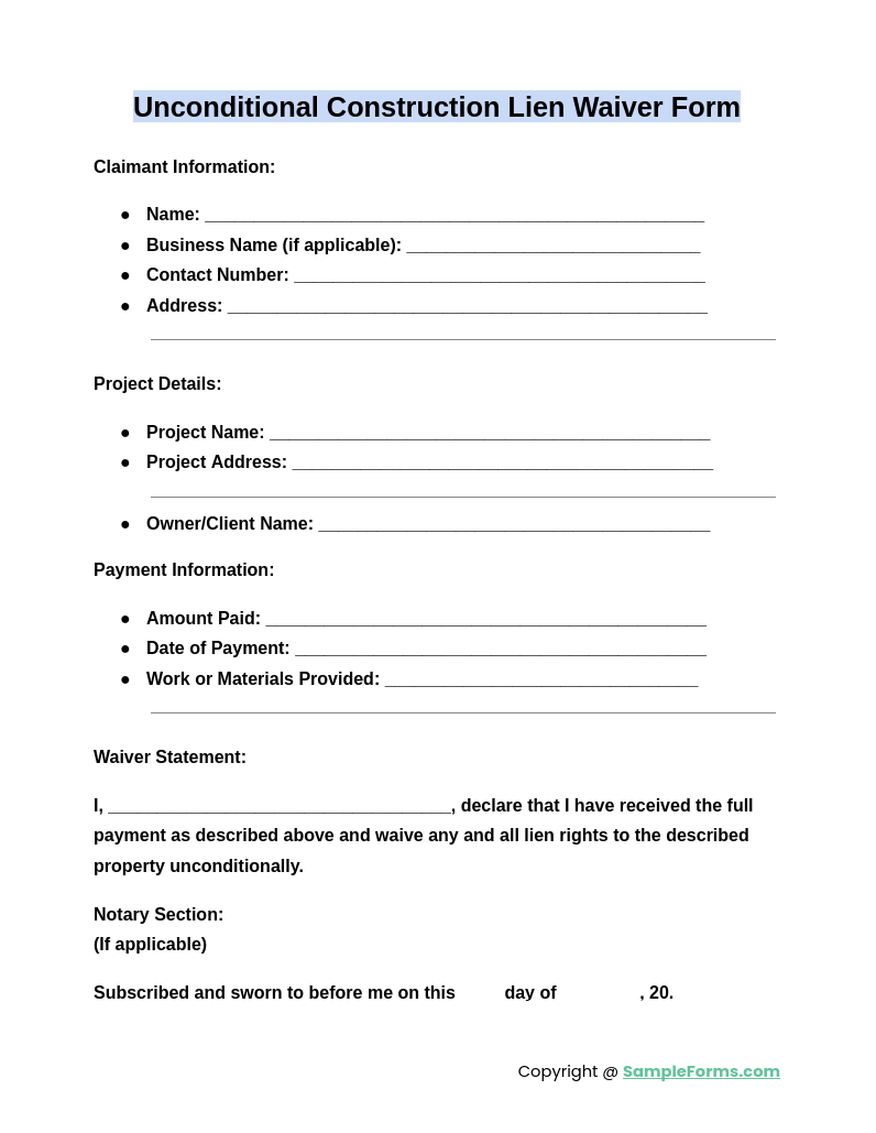 unconditional construction lien waiver form