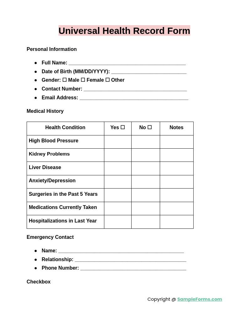 universal health record form