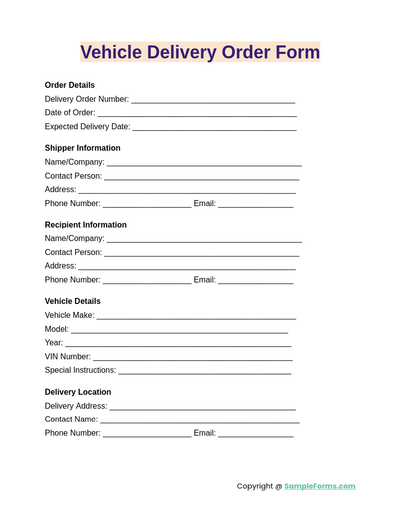 vehicle delivery order form