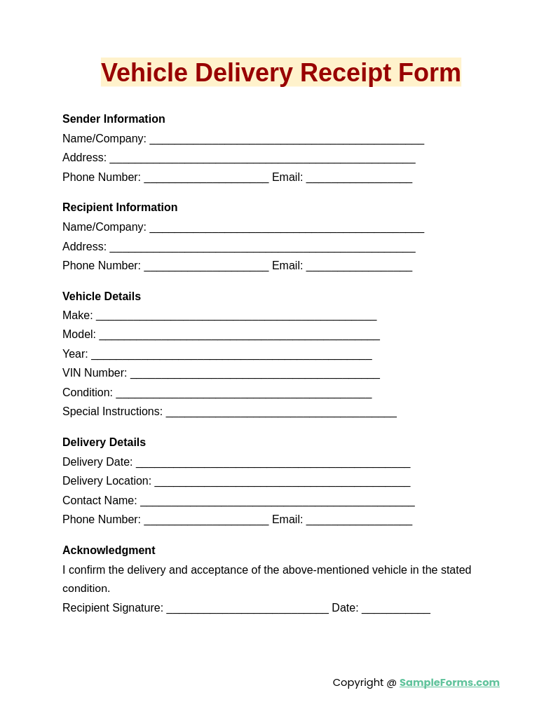 vehicle delivery receipt form