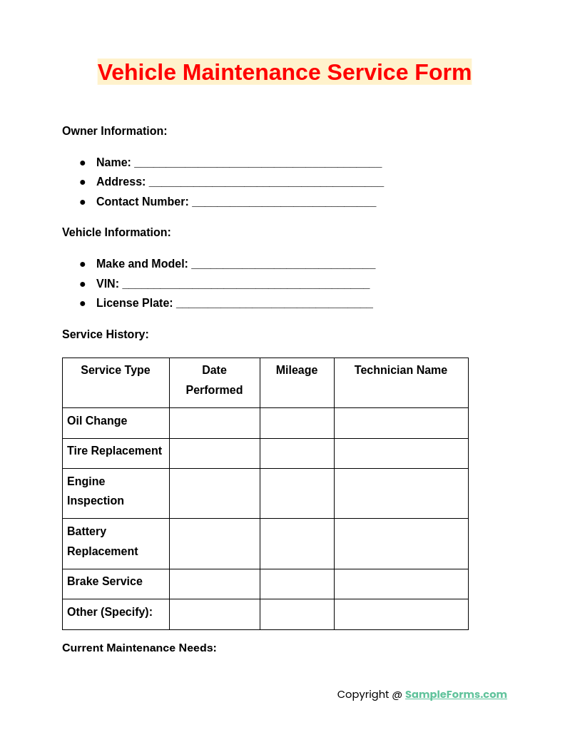 vehicle maintenance service form