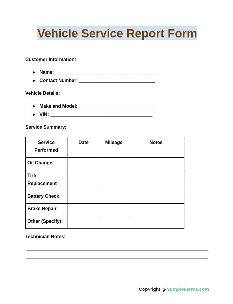 vehicle service report form