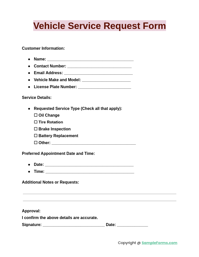 vehicle service request form