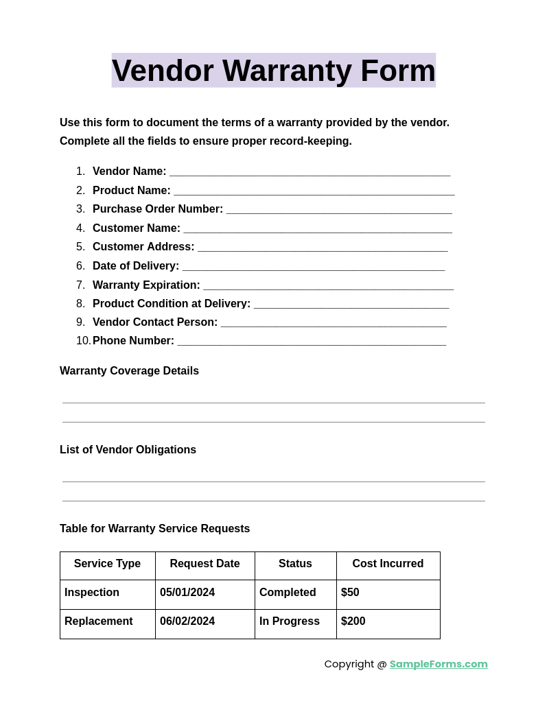 vendor warranty form