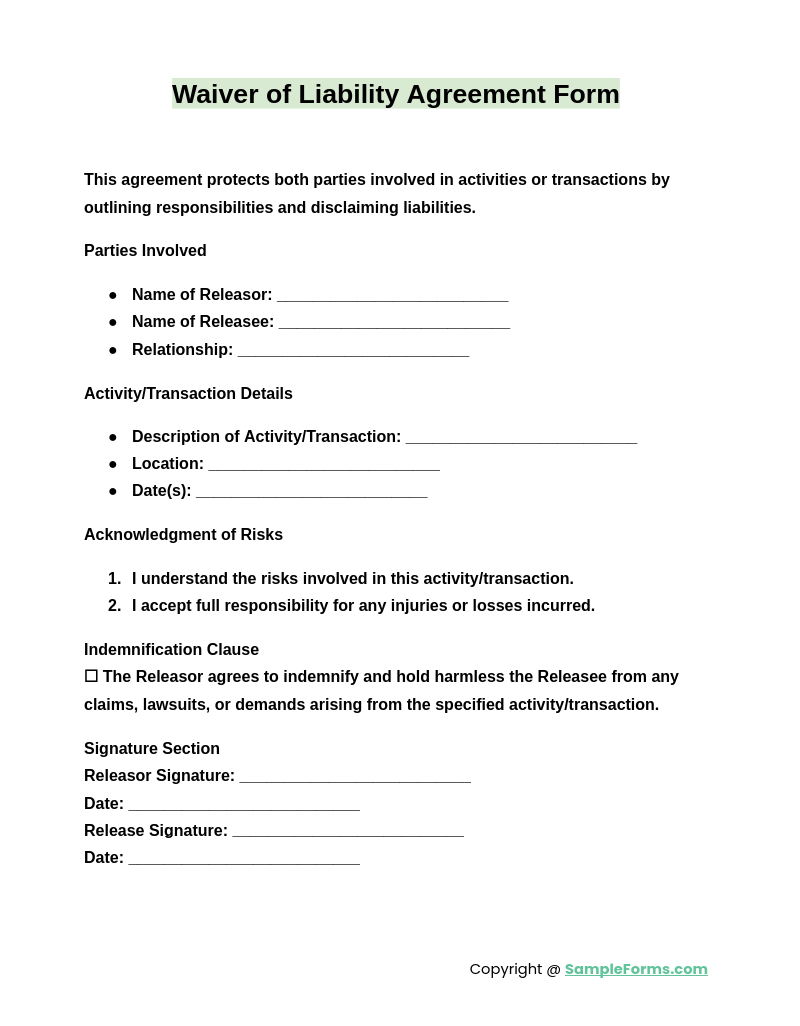 waiver of liability agreement form