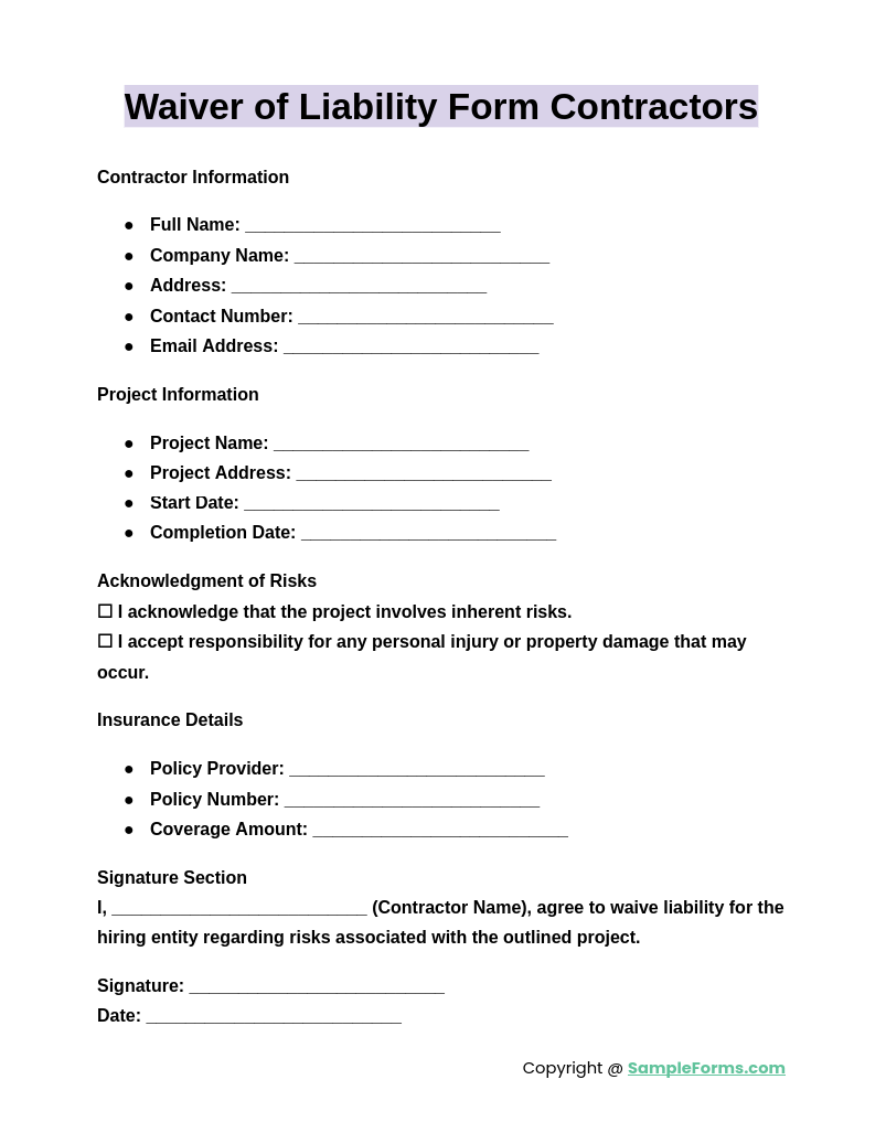 waiver of liability form contractors