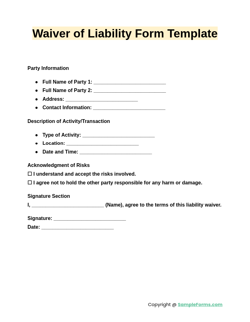 waiver of liability form template