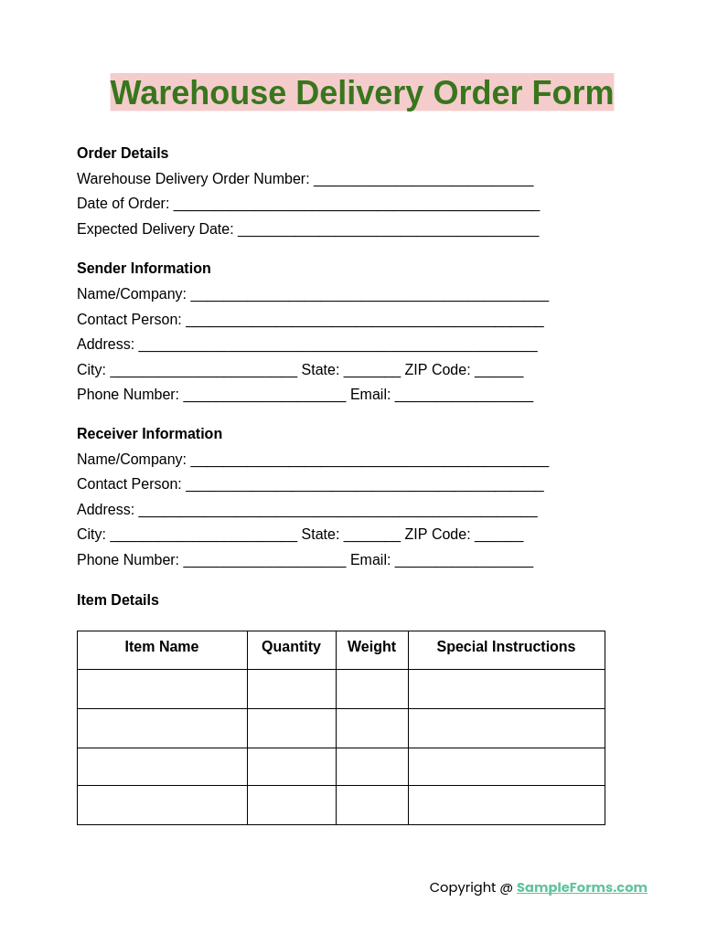 warehouse delivery order form