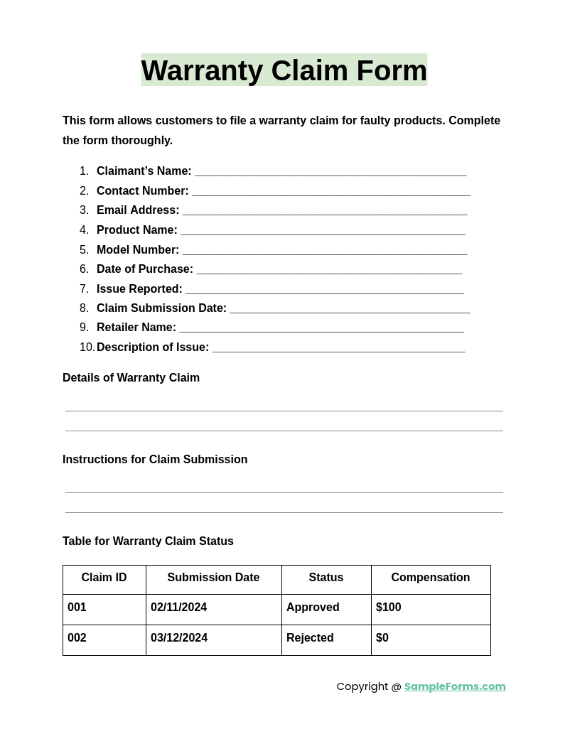 warranty claim form