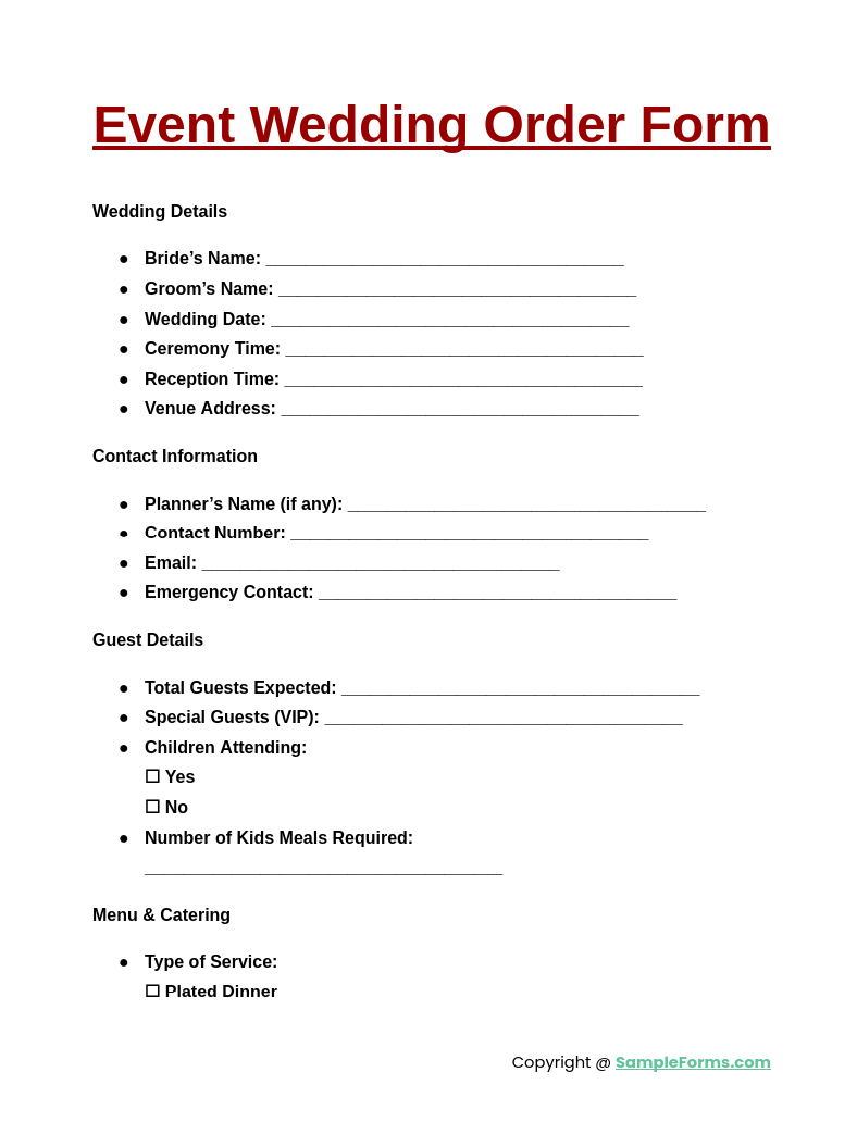 wedding event order form