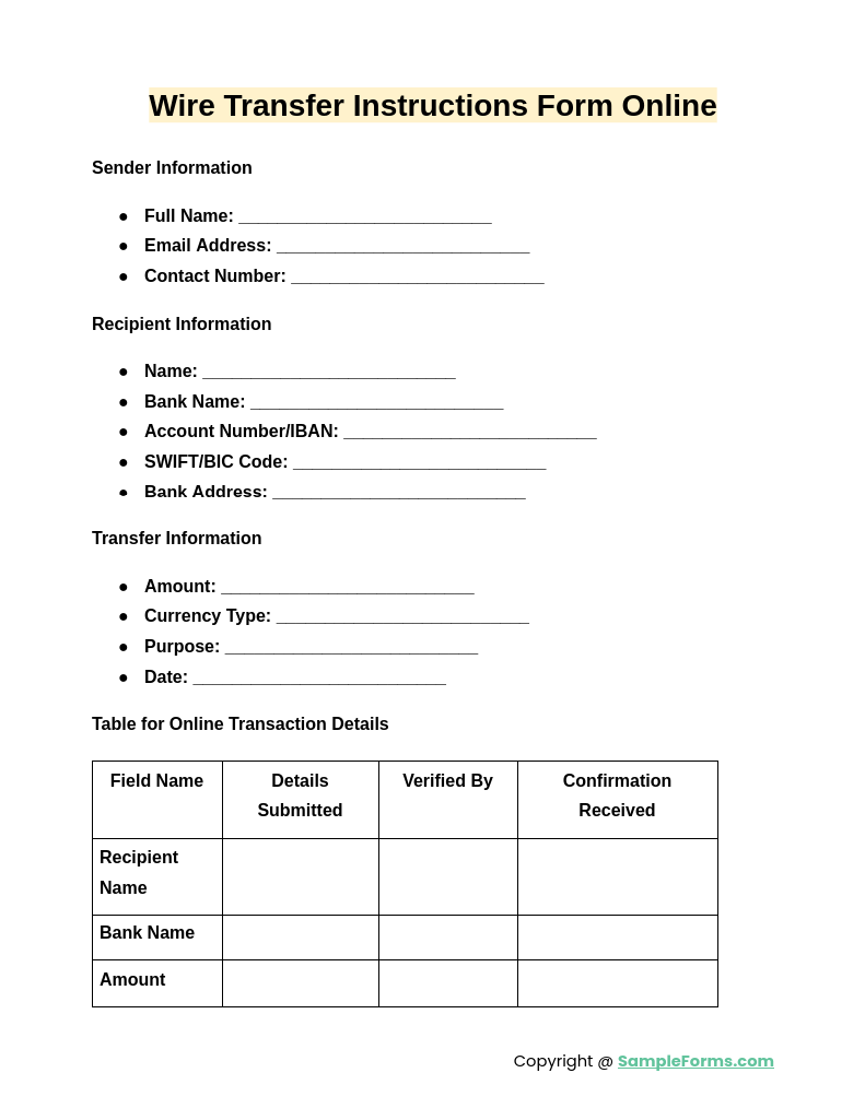 wire transfer instructions form online