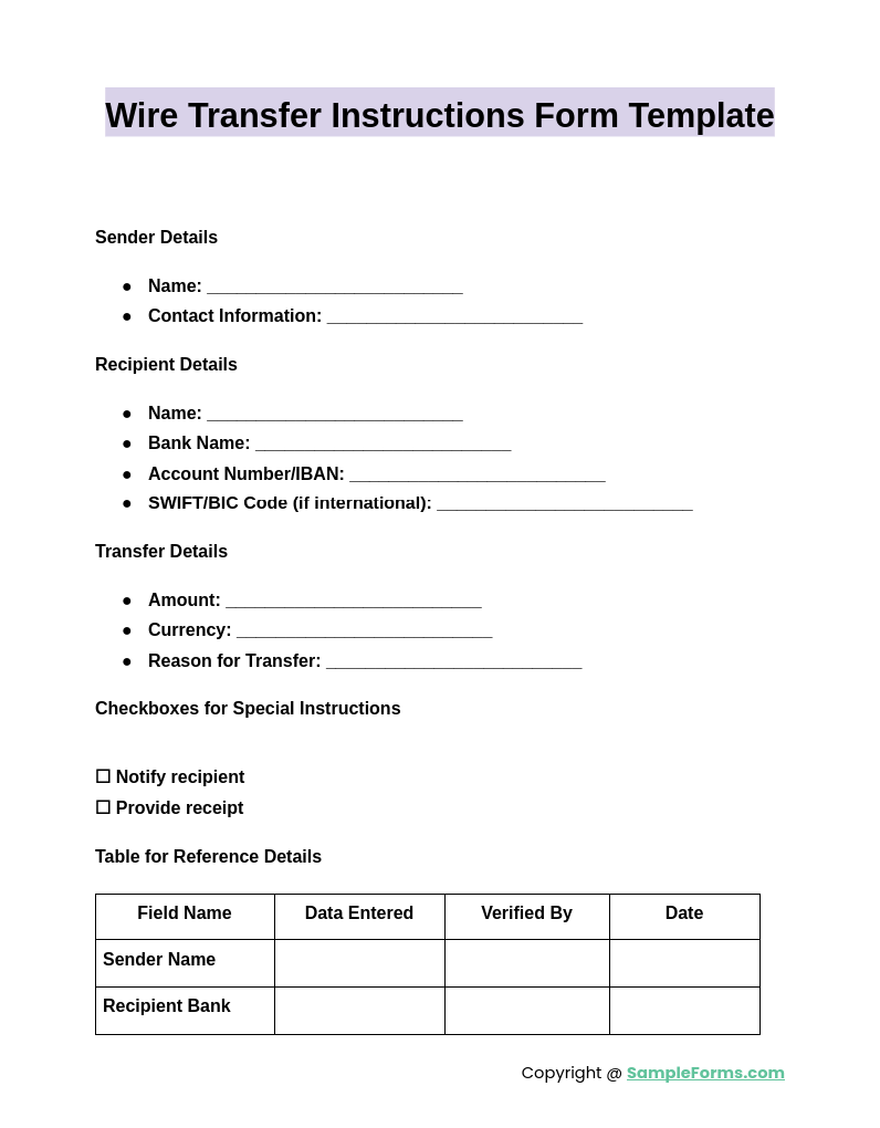 wire transfer instructions form template