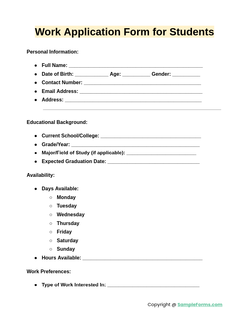 work application form for students