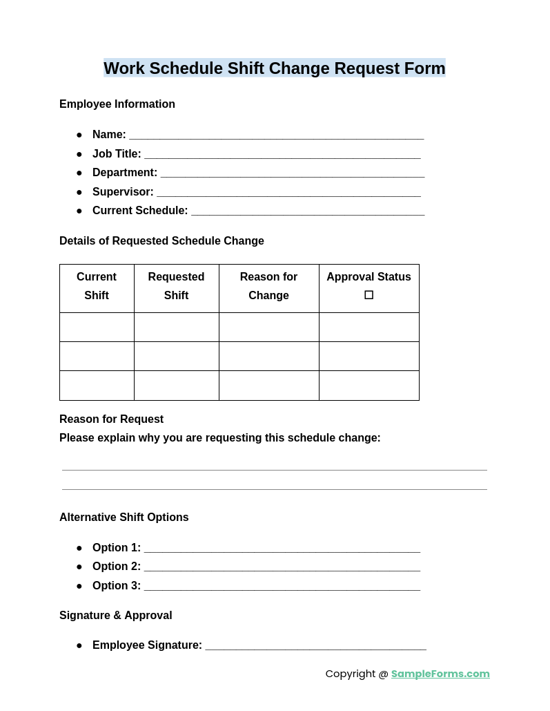 work schedule shift change request form