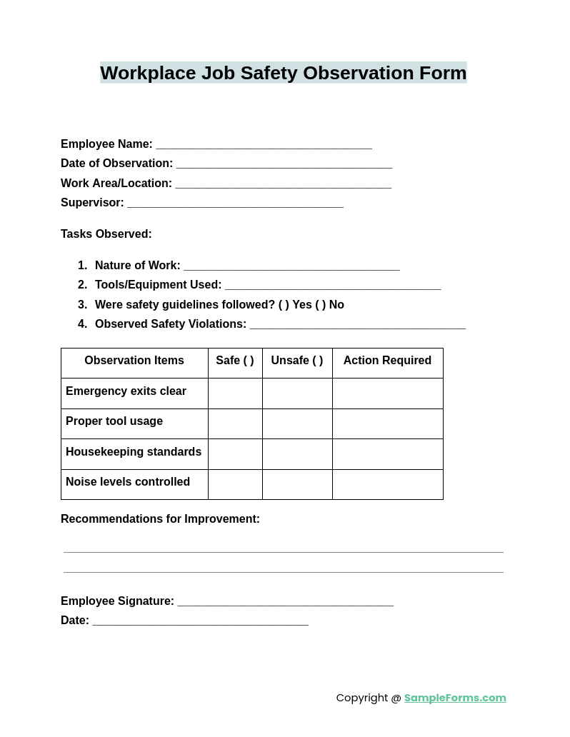 workplace job safety observation form