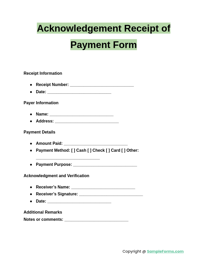 acknowledgement receipt of payment form