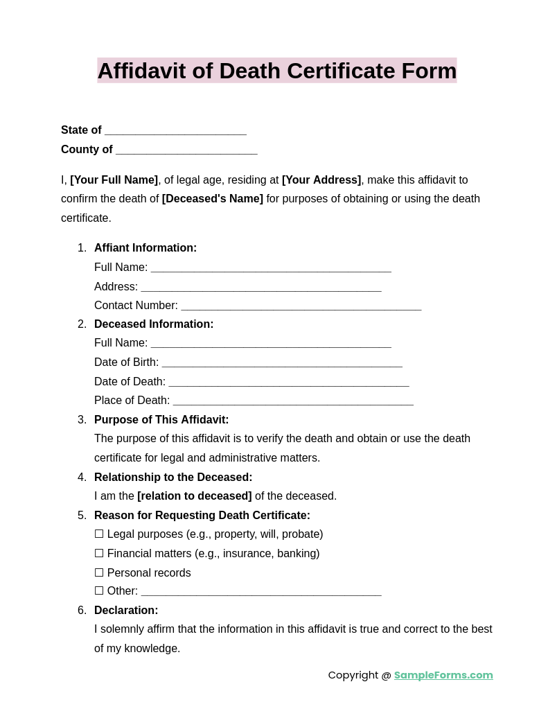 affidavit of death certificate form