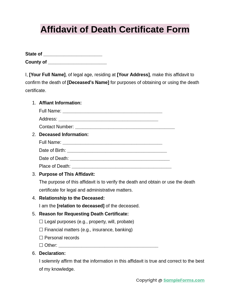 FREE 12+ Affidavit of Death Form Samples, PDF, MS Word, Google Docs