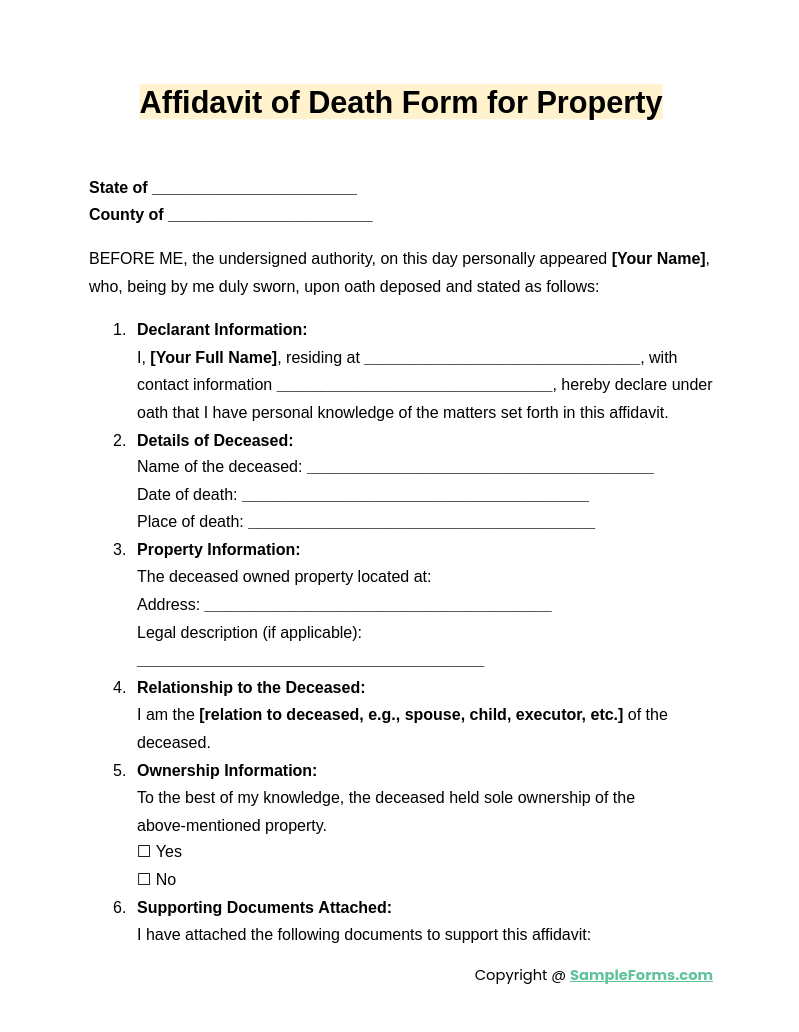 affidavit of death form for property