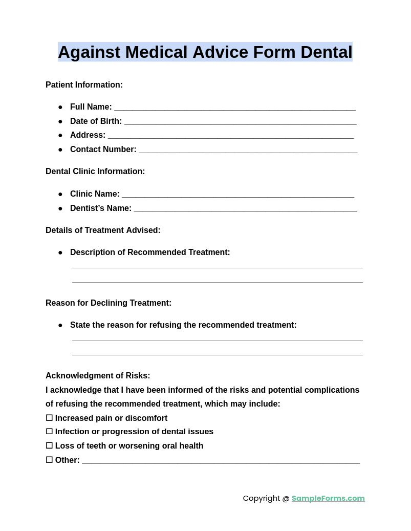 against medical advice form dental 