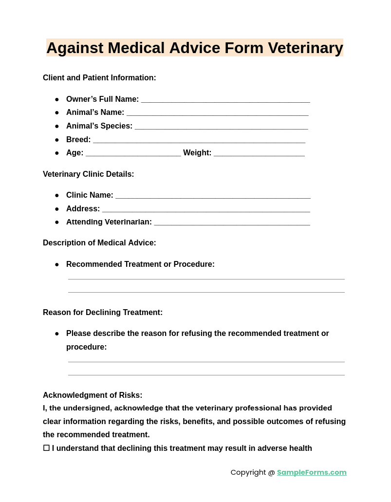 against medical advice form veterinary