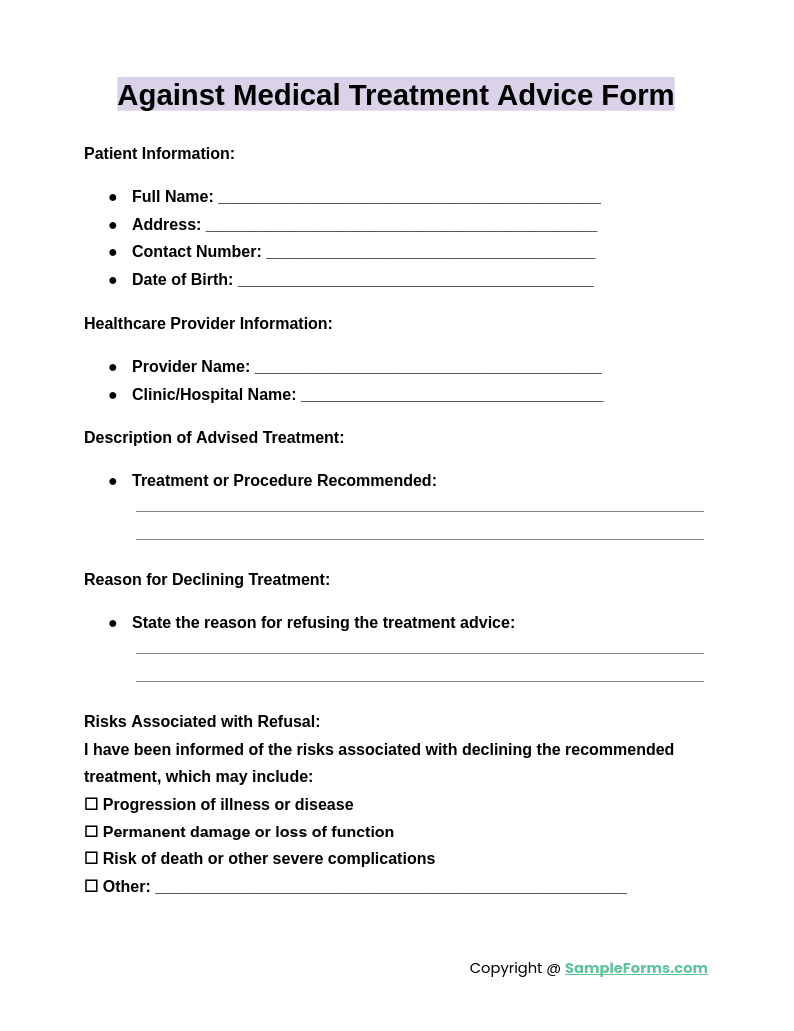 against medical treatment advice form