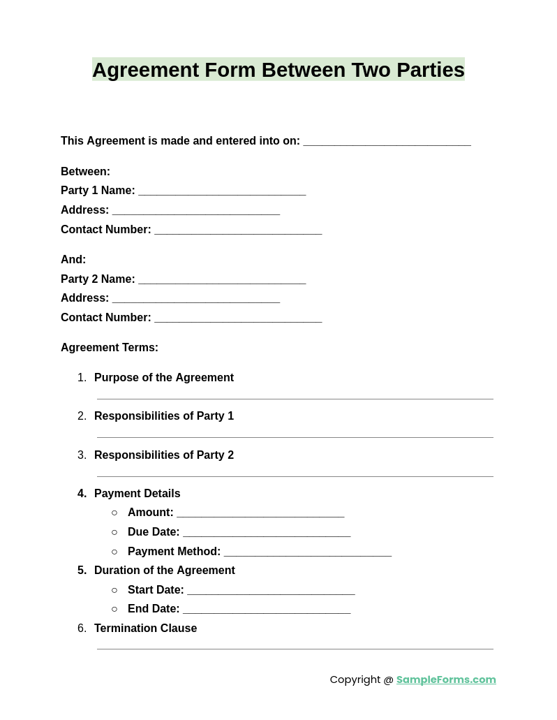 agreement form between two parties