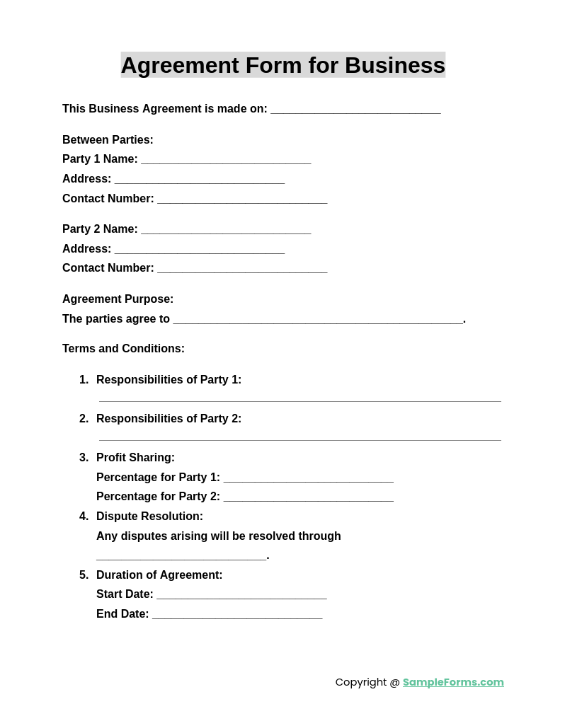 agreement form for business