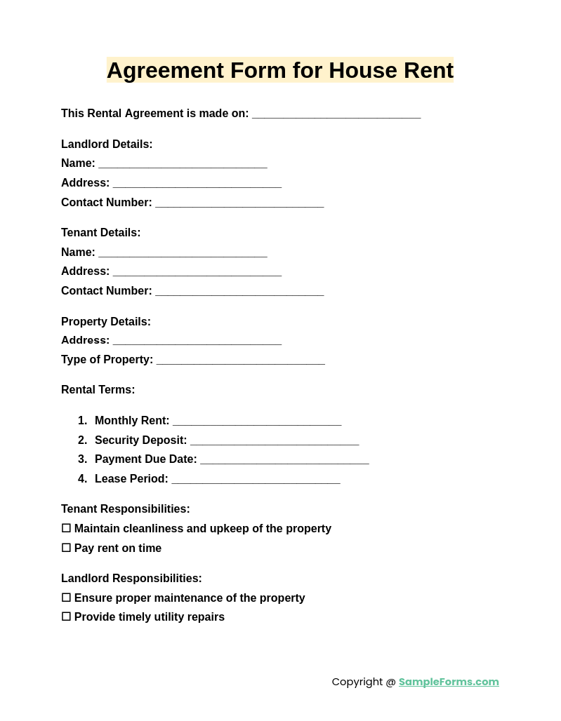 agreement form for house rent