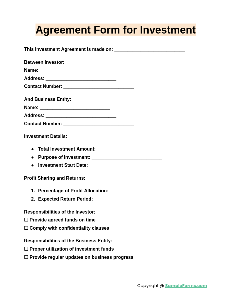 agreement form for investment