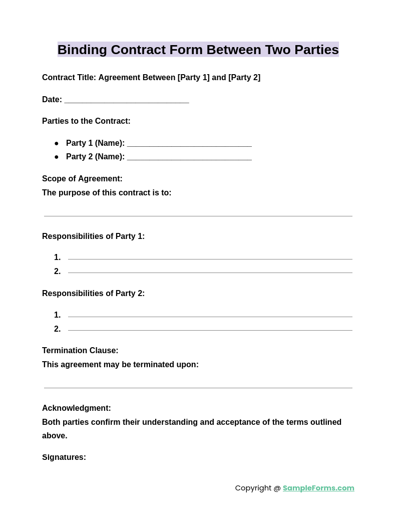 binding contract form between two parties