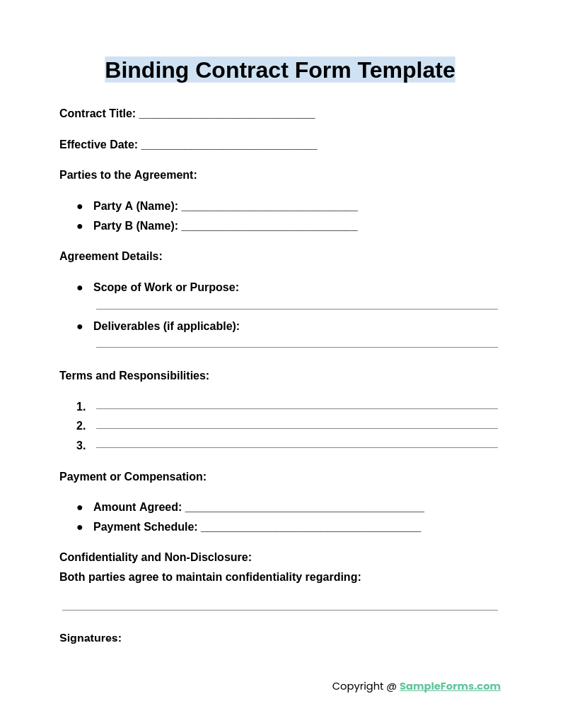 binding contract form template