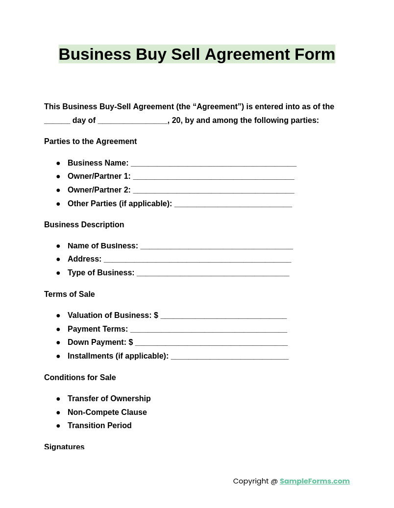 business buy sell agreement form