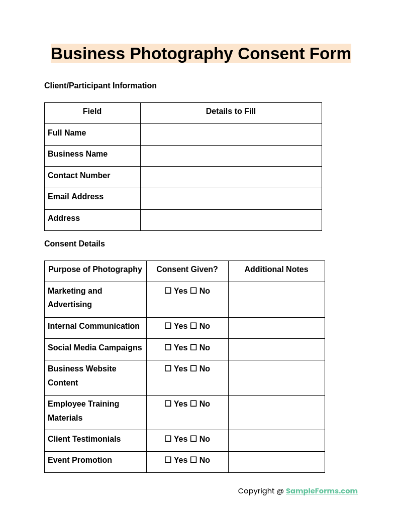 business photography consent form