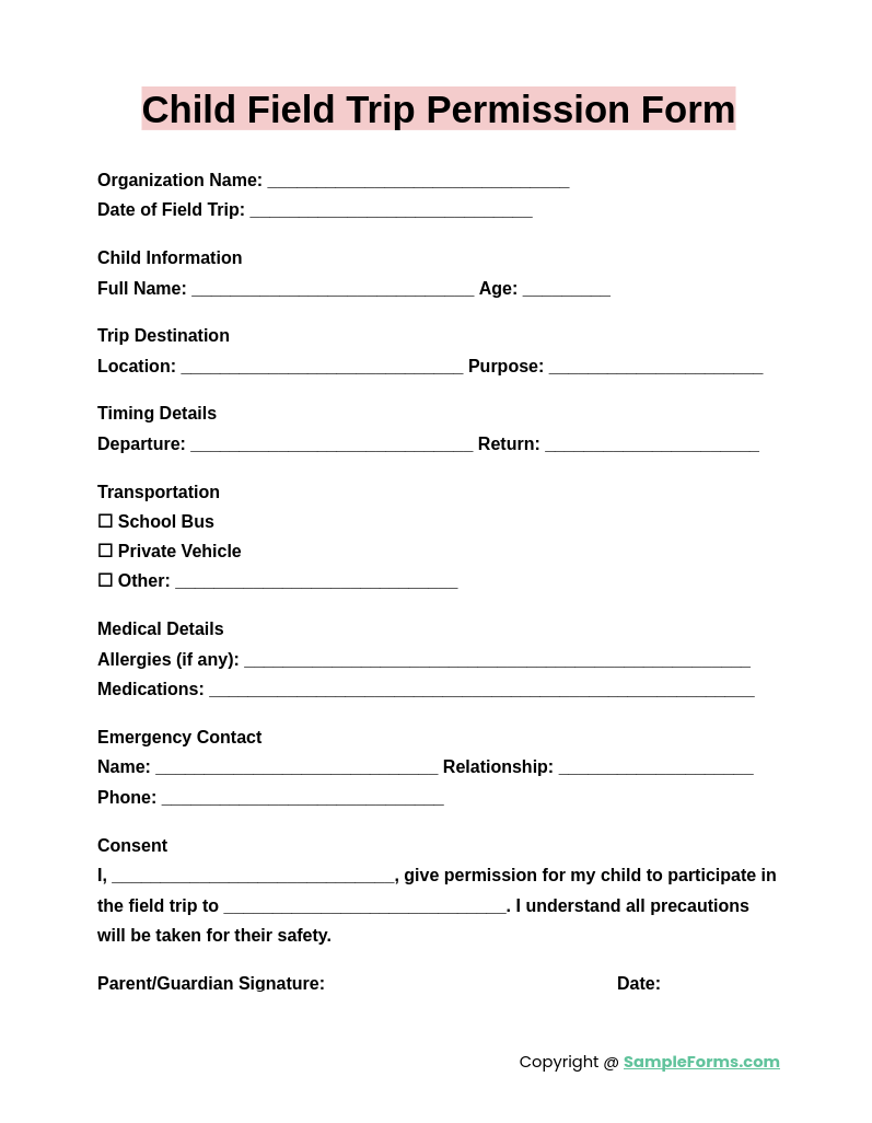 child field trip permission form