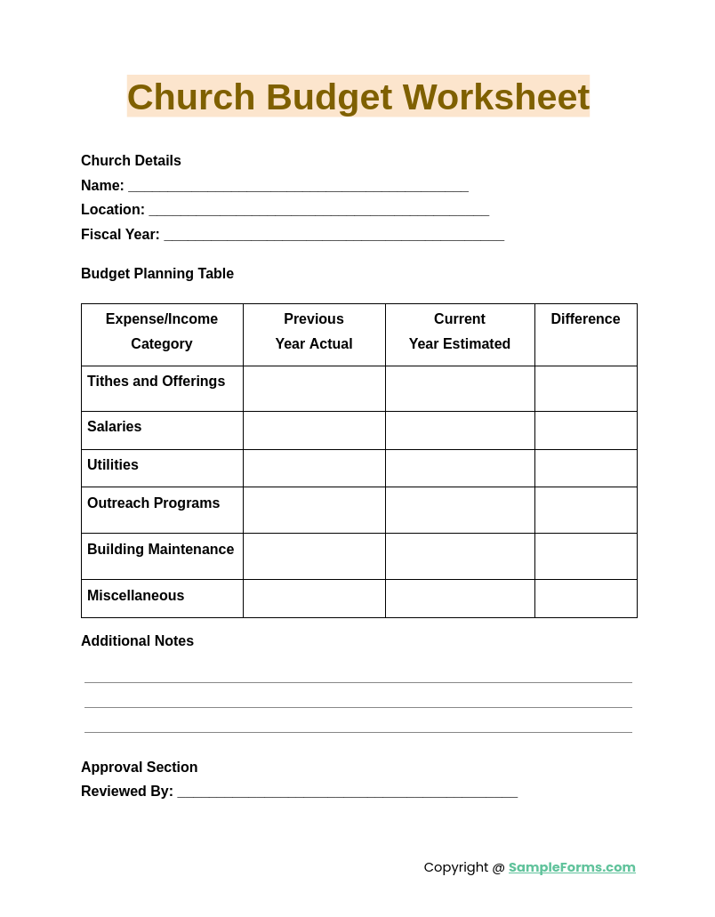 church budget worksheet