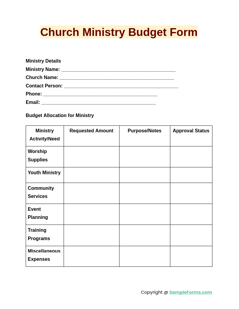 church ministry budget form