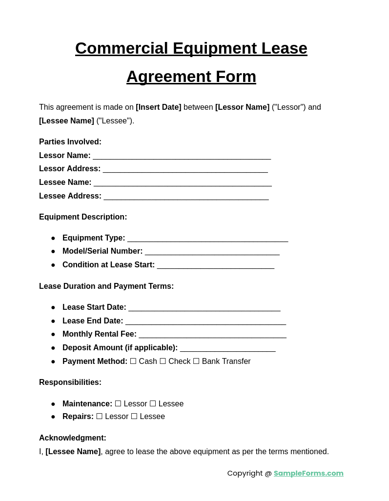 commercial equipment lease agreement form