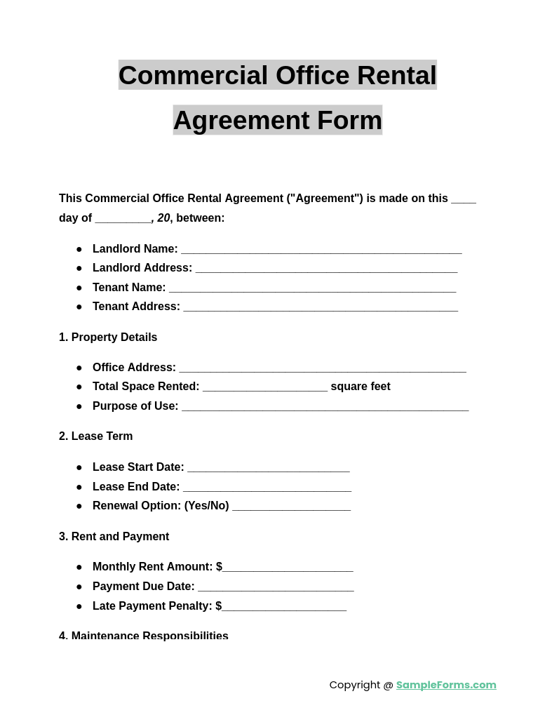 commercial office rental agreement form