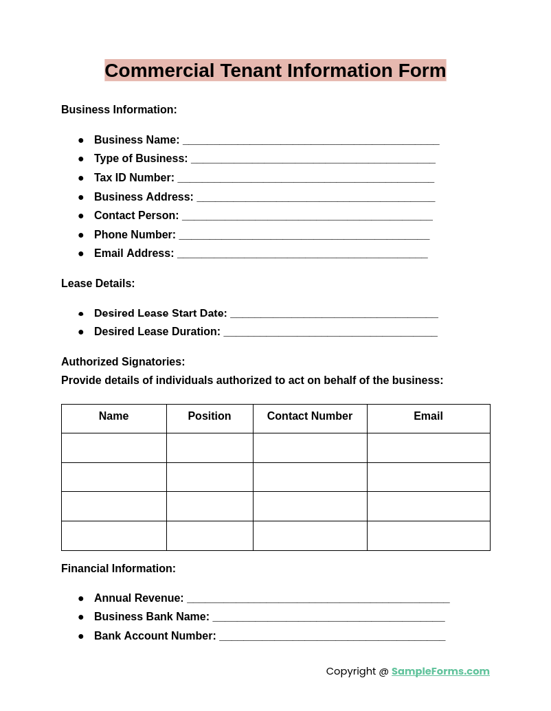 commercial tenant information form